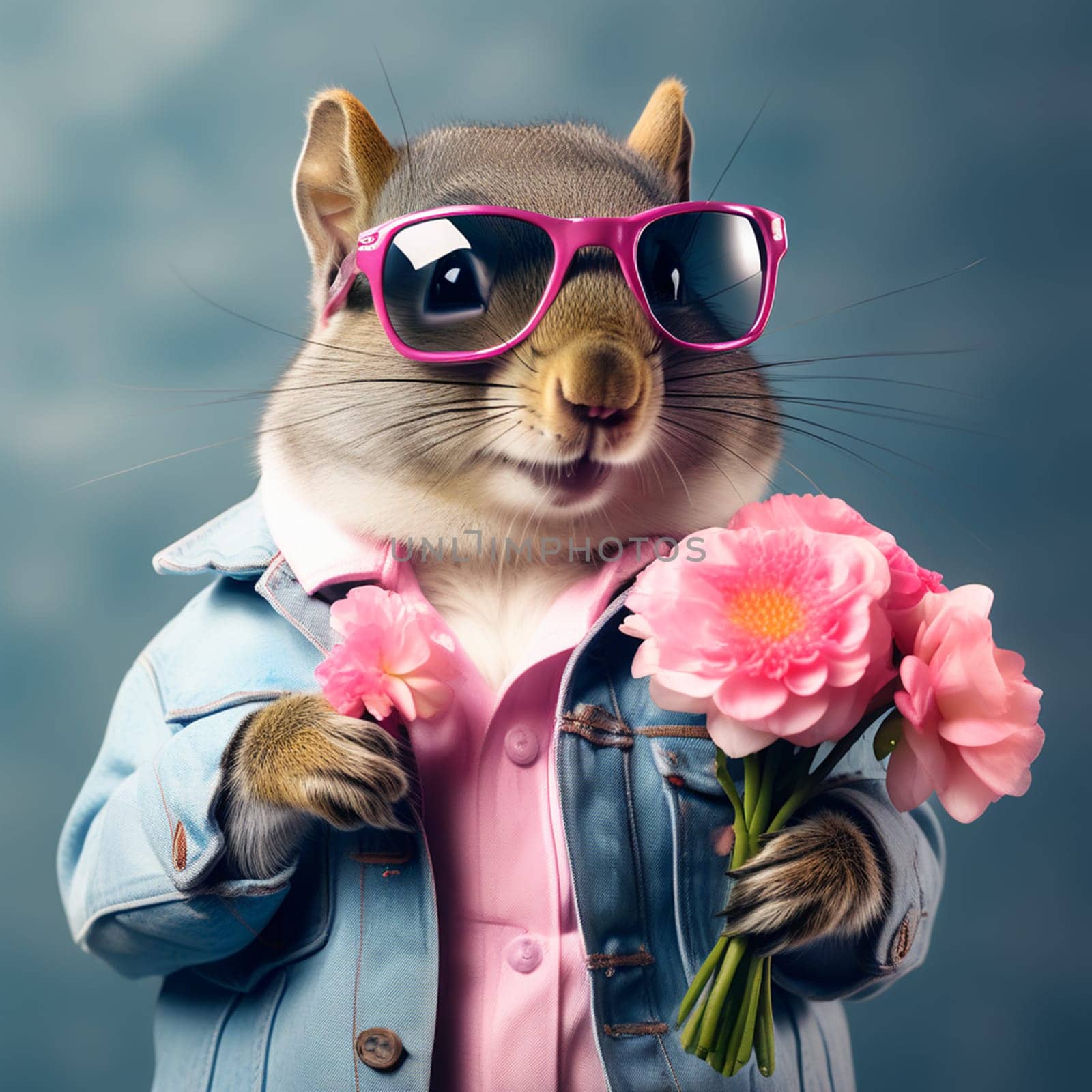 Squirrel man wearing a denim jacket and a pink shirt with pink glasses with beautiful flowers.