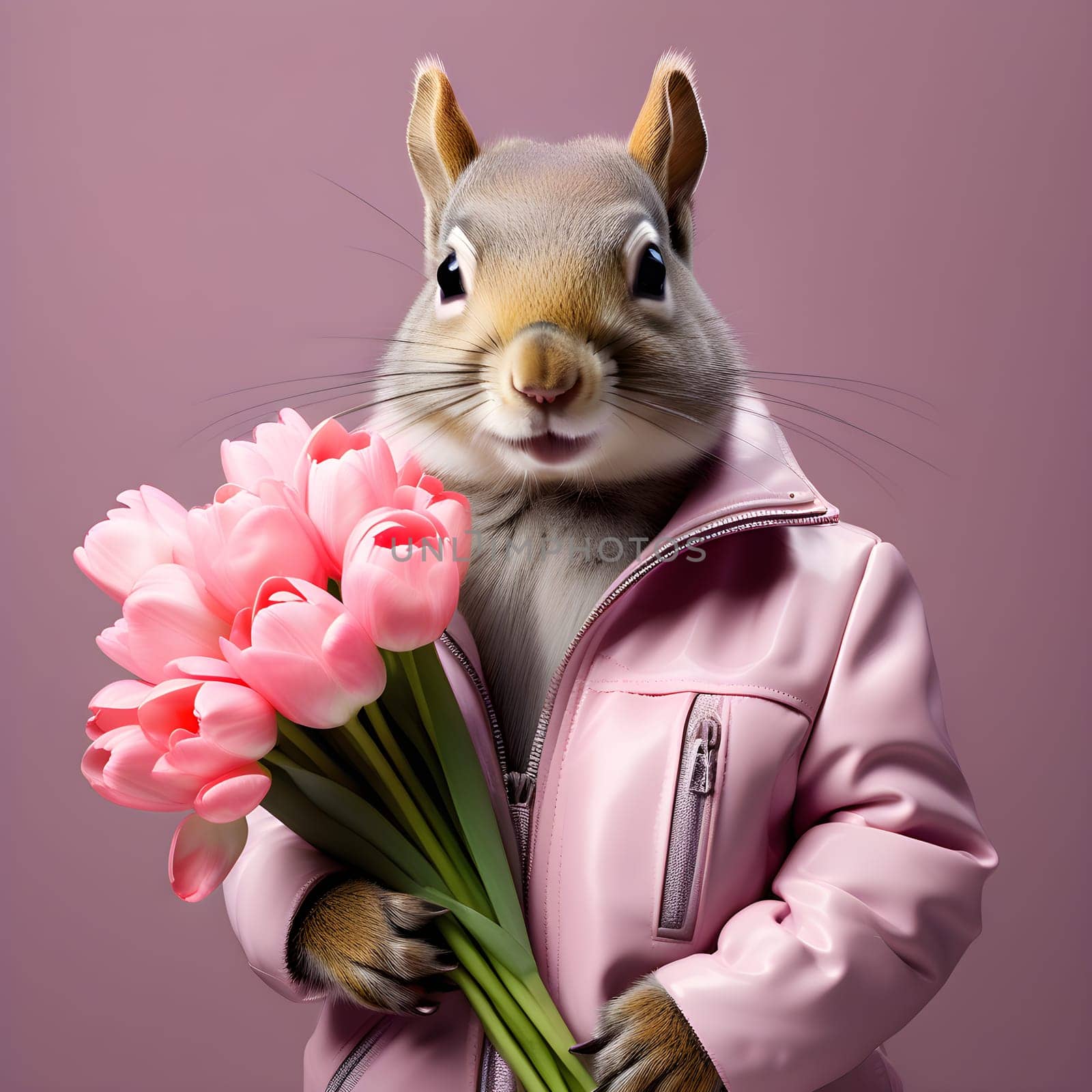 Happy squirrel, chipmunk in a fashionable pink leather jacket with a bouquet of pink tulips in his hands. Congratulations on the holiday of March 8th