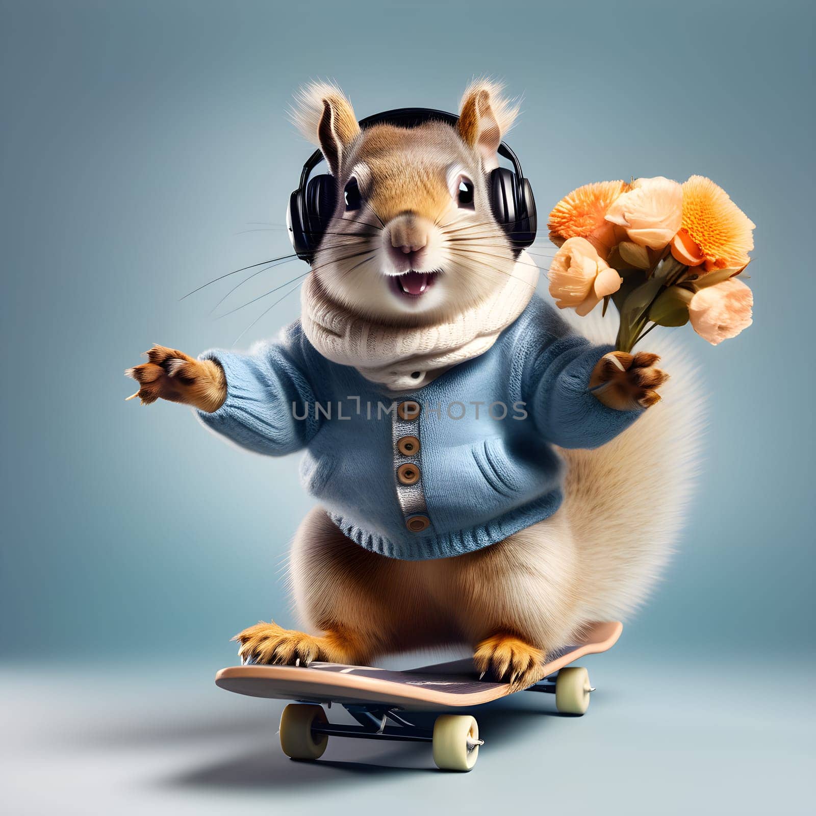 Funny fashionable squirrel, chipmunk in a denim shirt with a bouquet in his hands on a skateboard and headphones in his ears. Congratulations on the holiday.