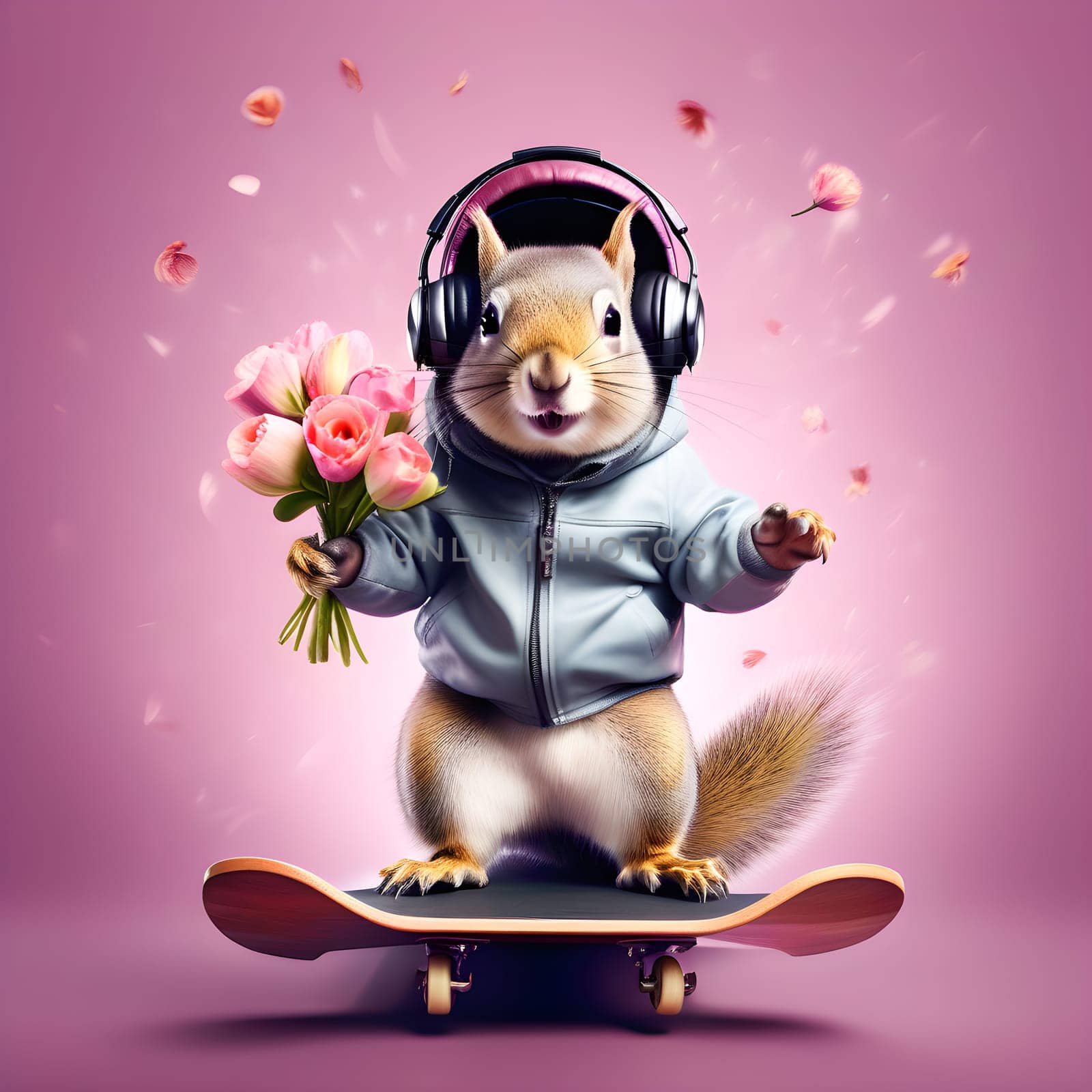 Funny fashionable squirrel, chipmunk in a denim shirt with a bouquet in his hands on a skateboard and headphones in his ears. Congratulations on the holiday by Ekaterina34