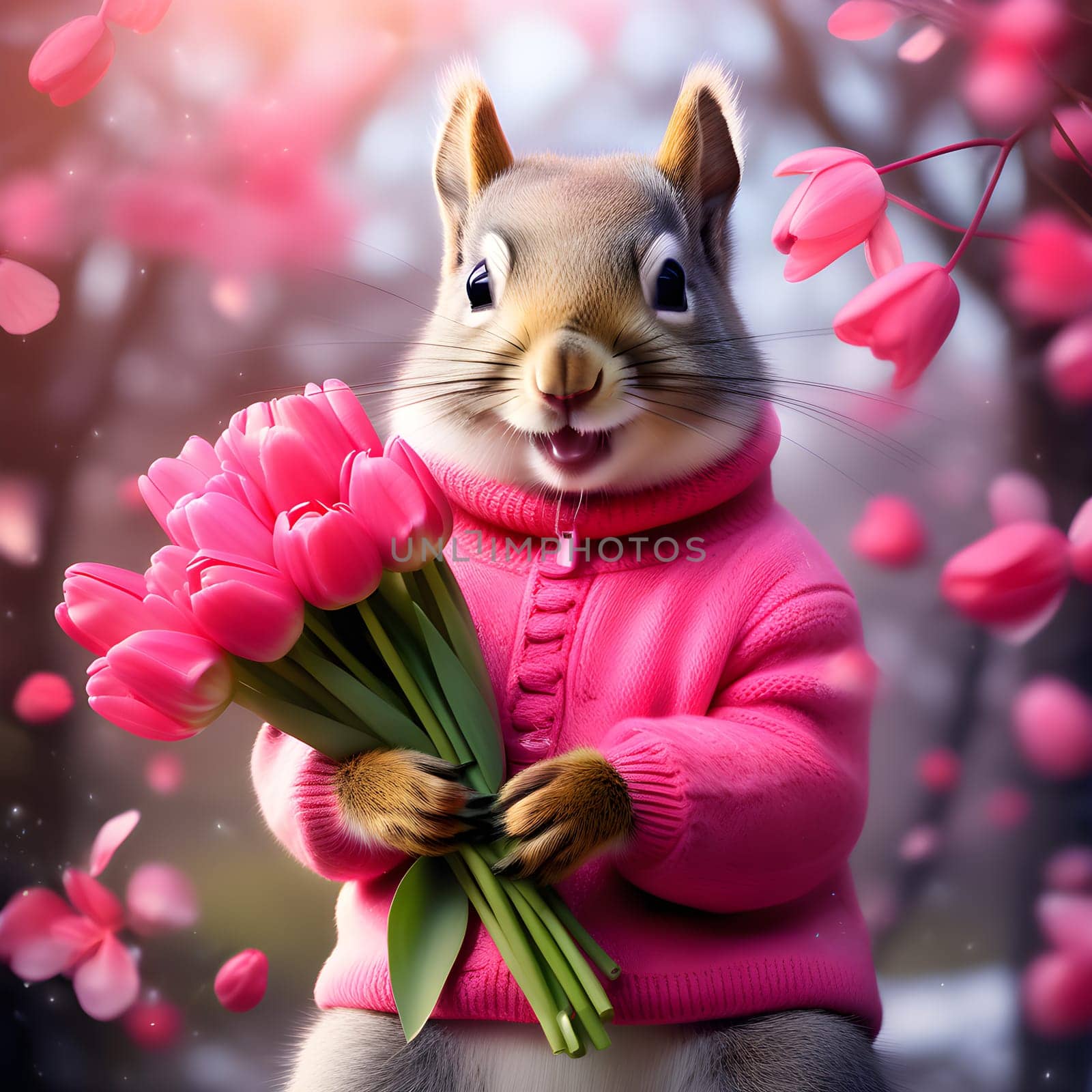 Happy squirrel, chipmunk in a fashionable pink knitted sweater with a bouquet of pink tulips in his hands. Congratulations on the holiday of March 8th