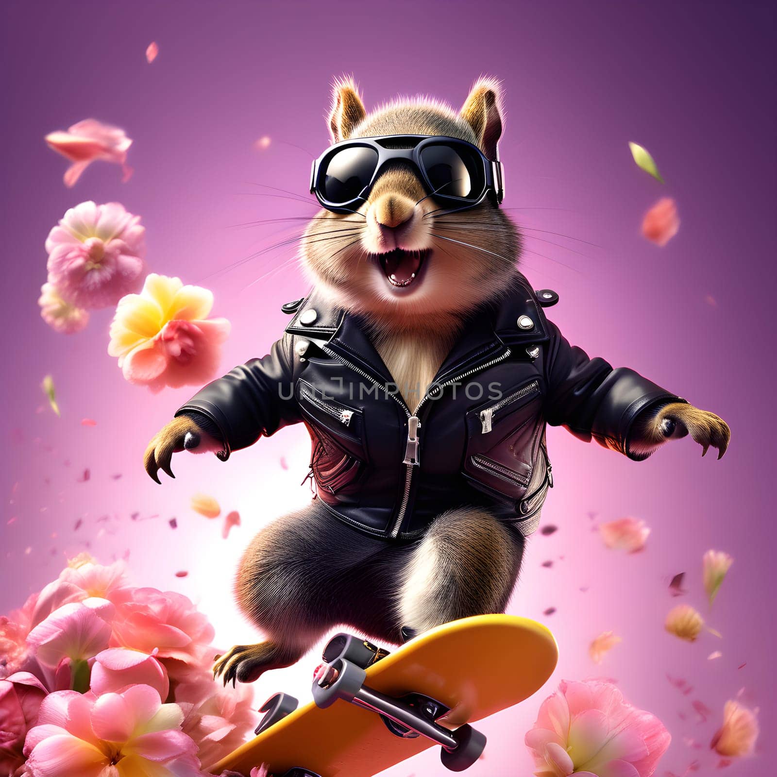 Funny fashionable squirrel, chipmunk in a leather jacket and glasses on a skateboard on a bright floral background. Congratulations on the holiday.