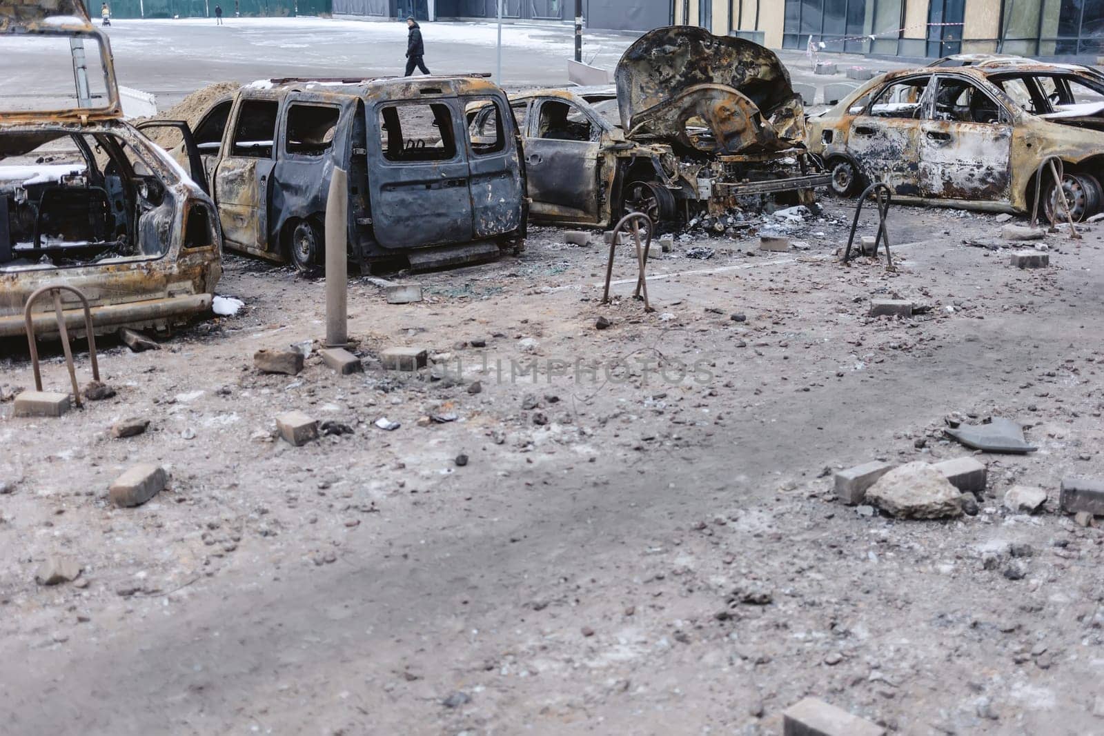 Kyiv, Ukraine - January 3, 2024: Burned civilians cars after a Russian's missiles attack.