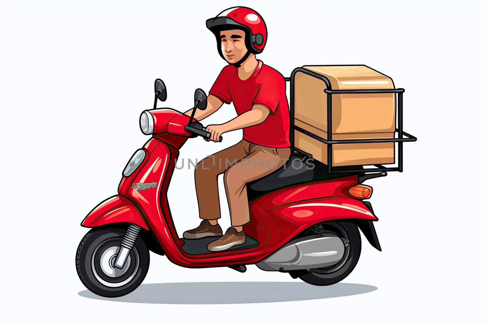Courier on red motorcycle on white background, Food and goods delivery concept. by AnatoliiFoto