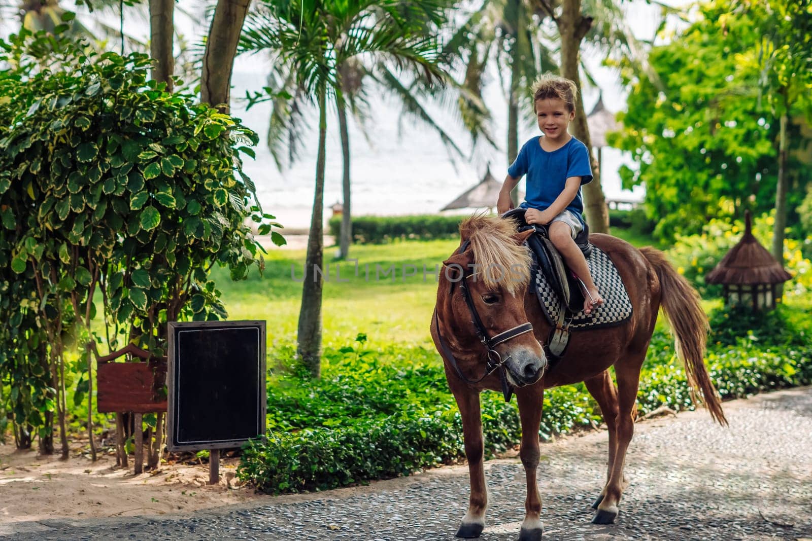 Blond boy riding horse in hotel park on the beach. Sunny summer day happy childhood.