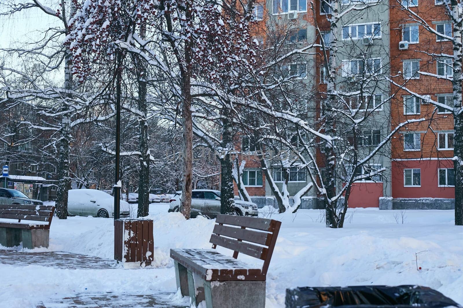 Photo of a place to relax on a bench in winter . The courtyard between the houses. Snow removal.