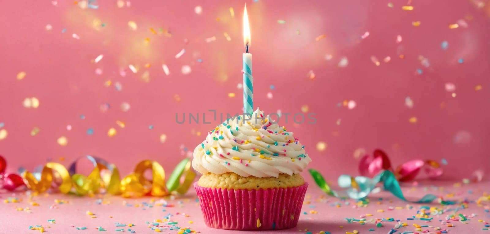 Cupcake with birthday candle. Generative AI by gordiza