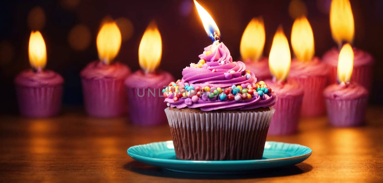 Cupcake with birthday candle. Generative AI by gordiza