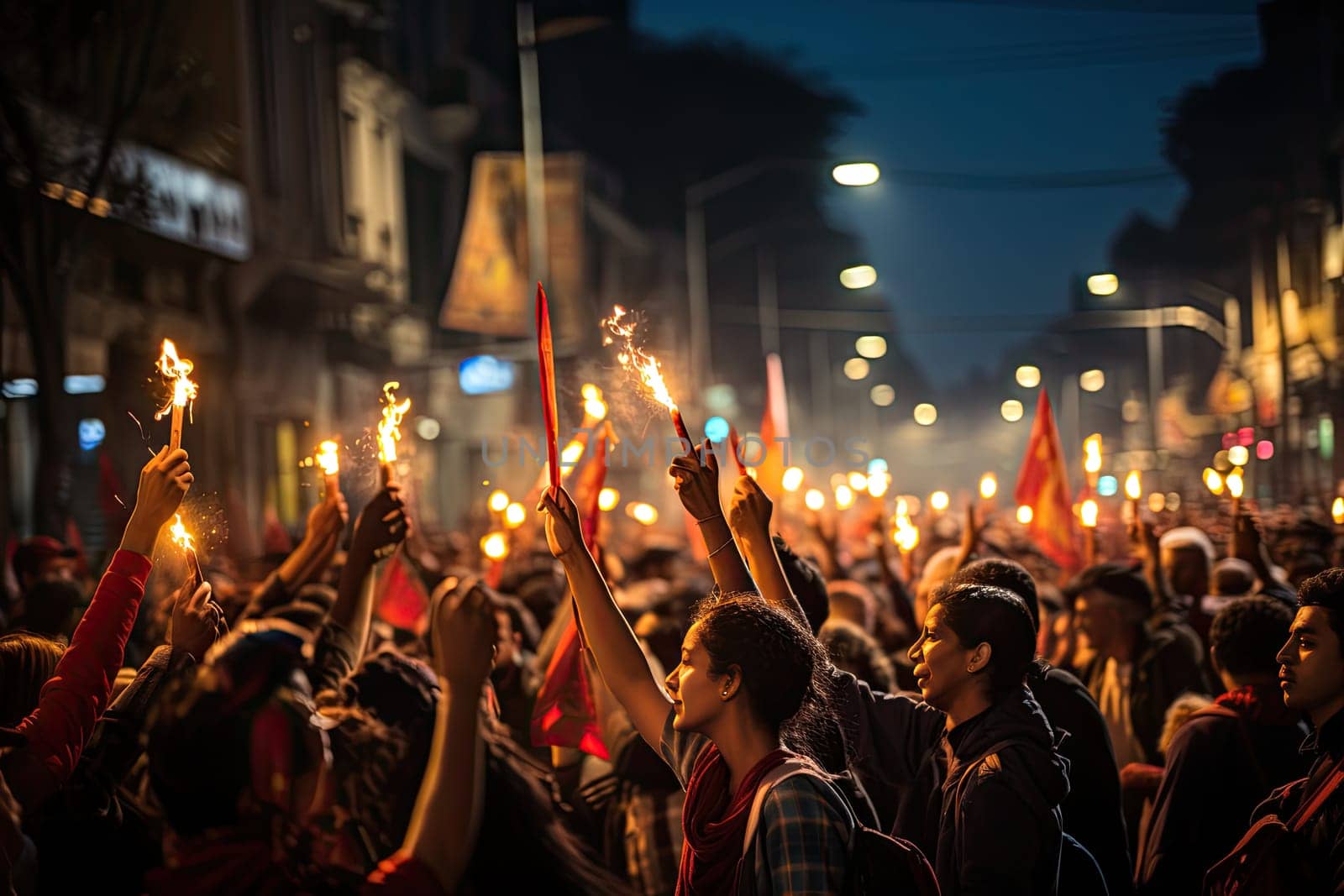 Activists protesting on the street. Group of protesters with their fists raised up in the air. People publicly demonstrating opposition. Generative AI