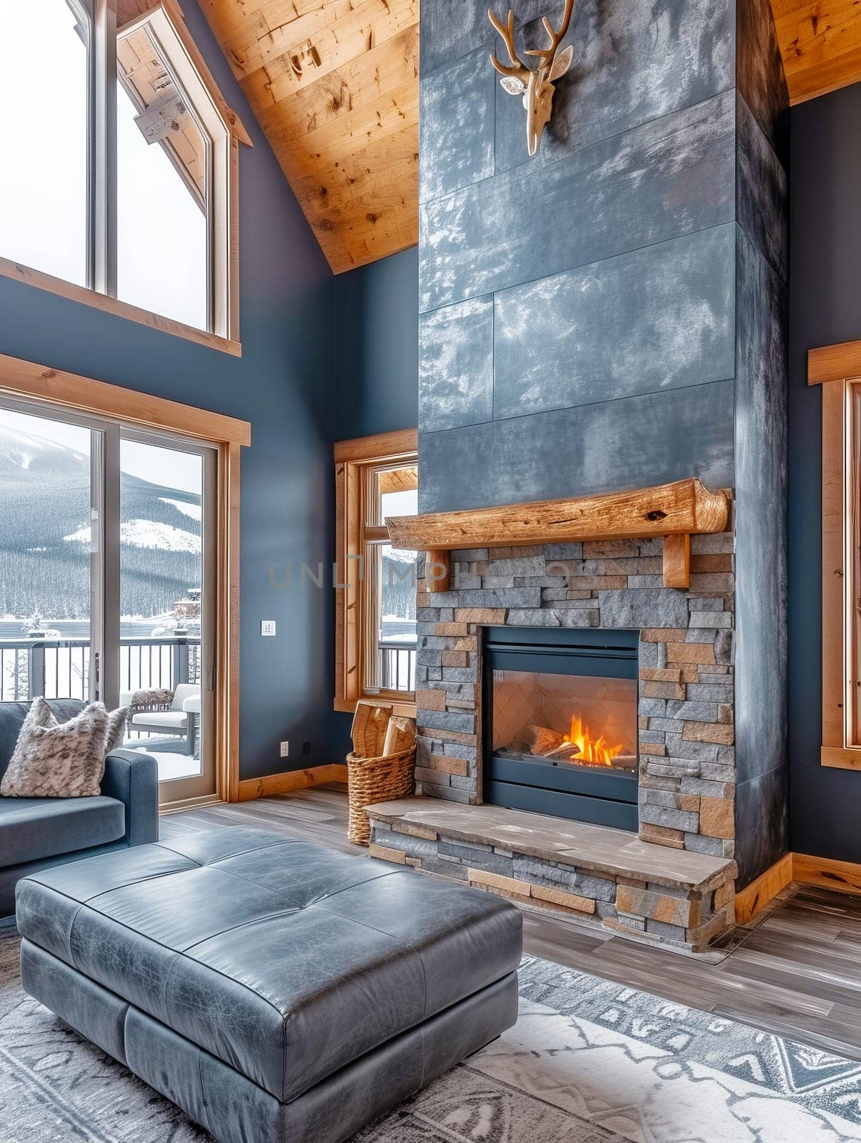 Cozy modern winter living room interior. Cozy house in the mountains.