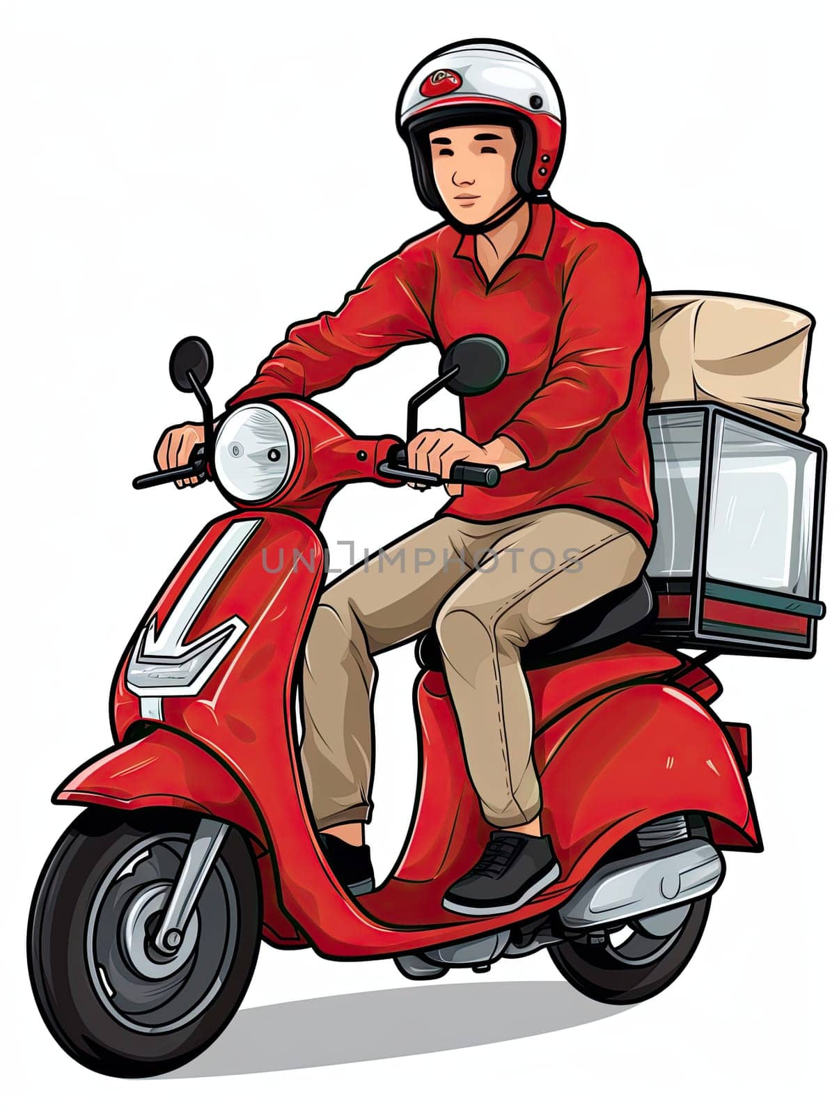 Courier on red motorcycle on white background, Food and goods delivery concept. by AnatoliiFoto