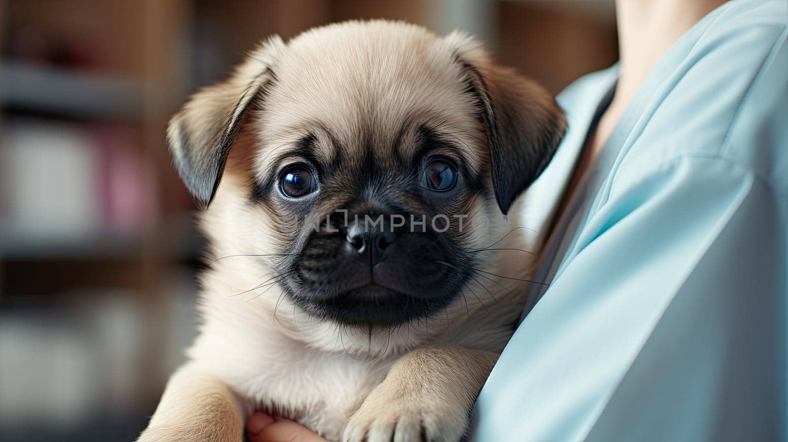 A small pug puppy in the arms of a doctor with a blue robe. The doctor's hands hold a small dog in close-up. The concept of pet treatment and care, generative AI