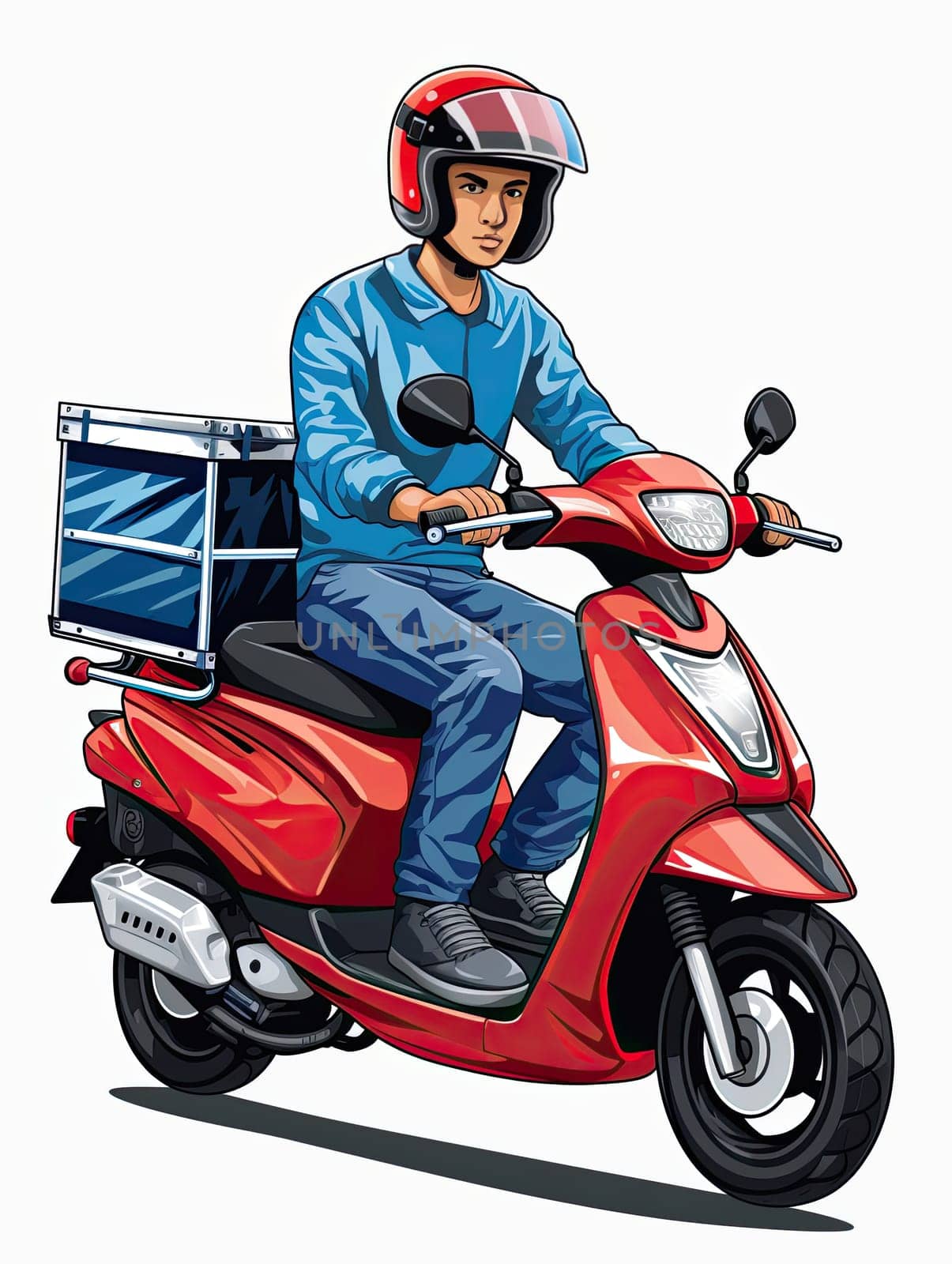 Courier on red motorcycle on white background, Food and goods delivery concept. Generative AI