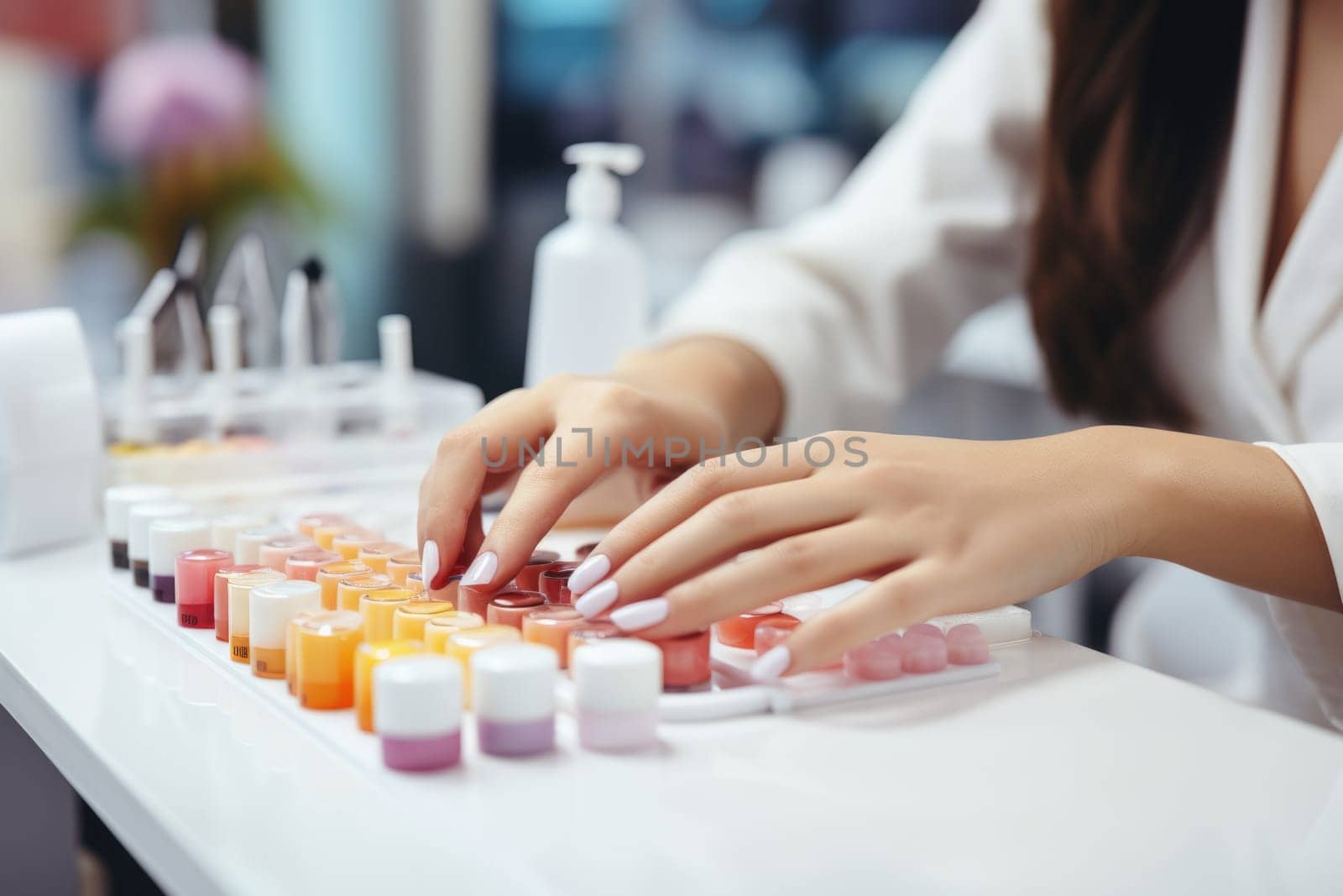 Gorgeous young woman getting her nails done by a manicurist in a beauty salon. ai generated