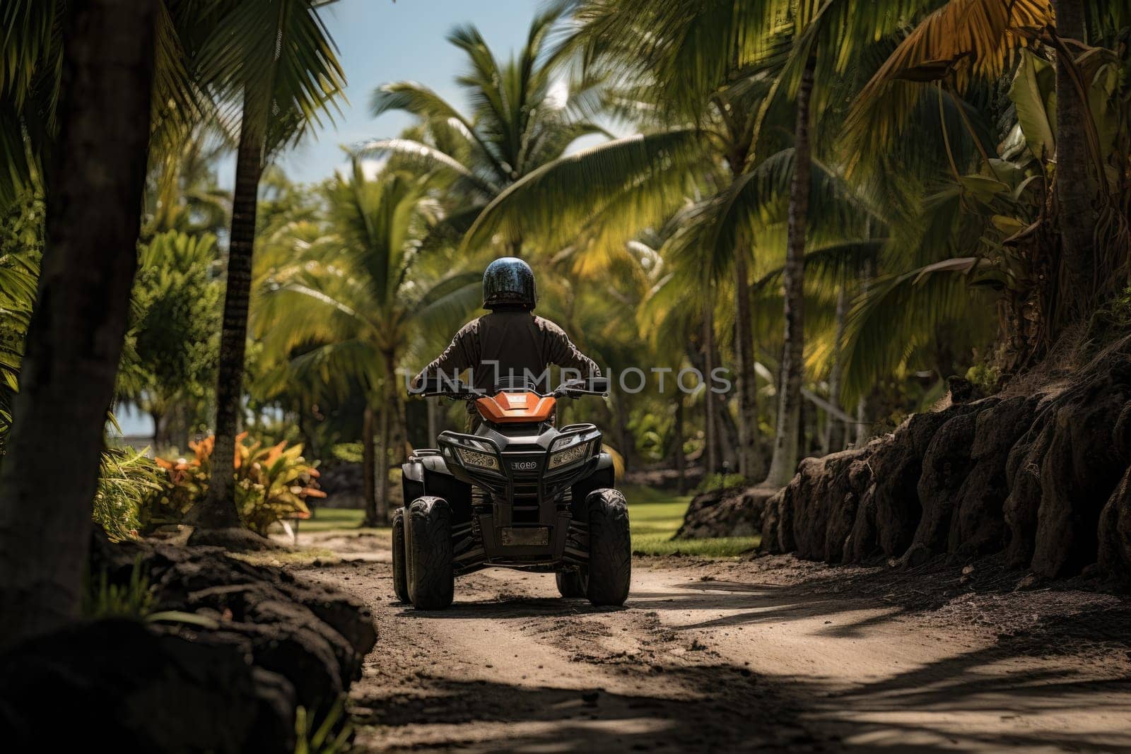 safari in tropics. Quad bike in the jungle. ai generated by Desperada