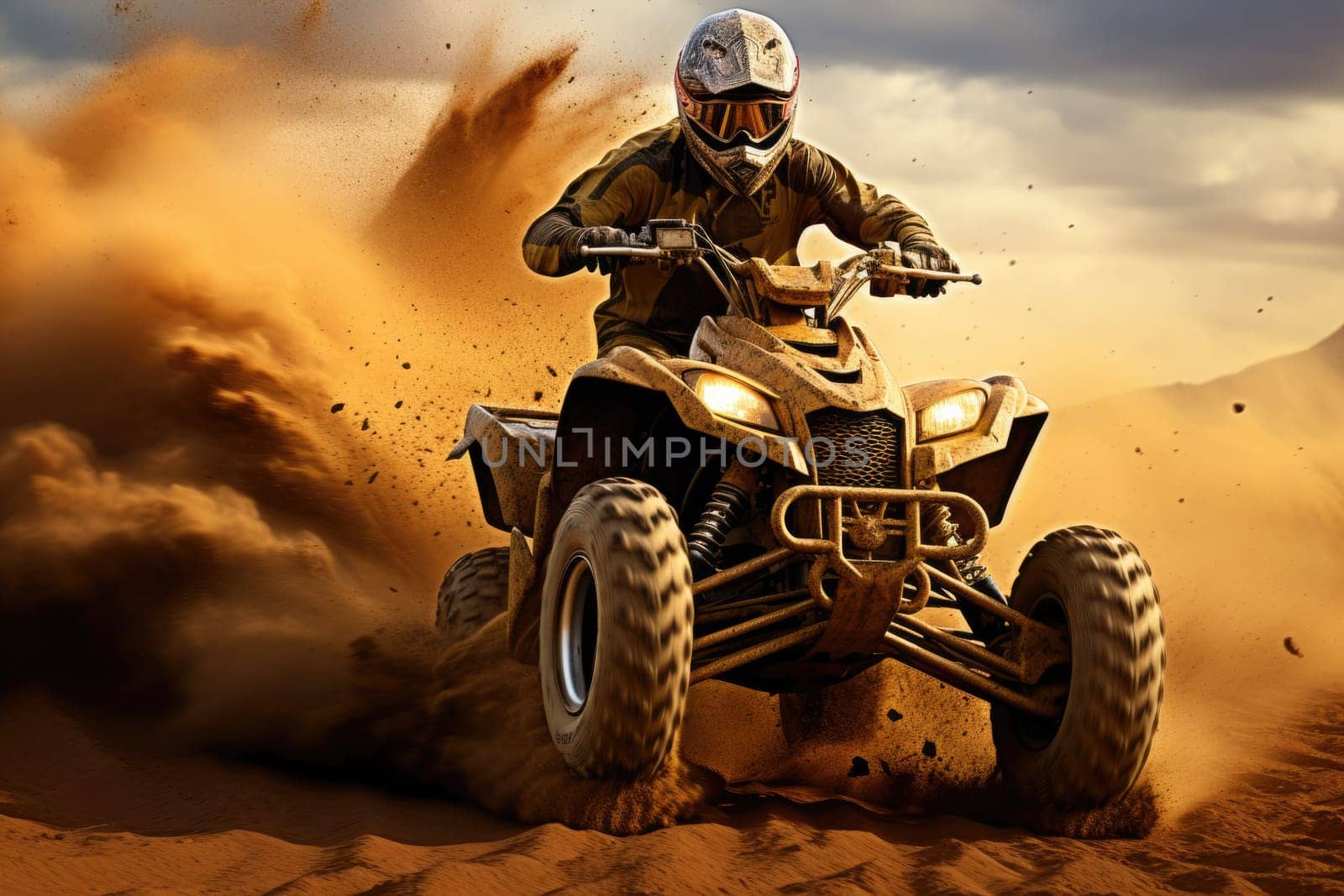 Offroad safari in sand desert. Quad bike on sand dune. ai generated