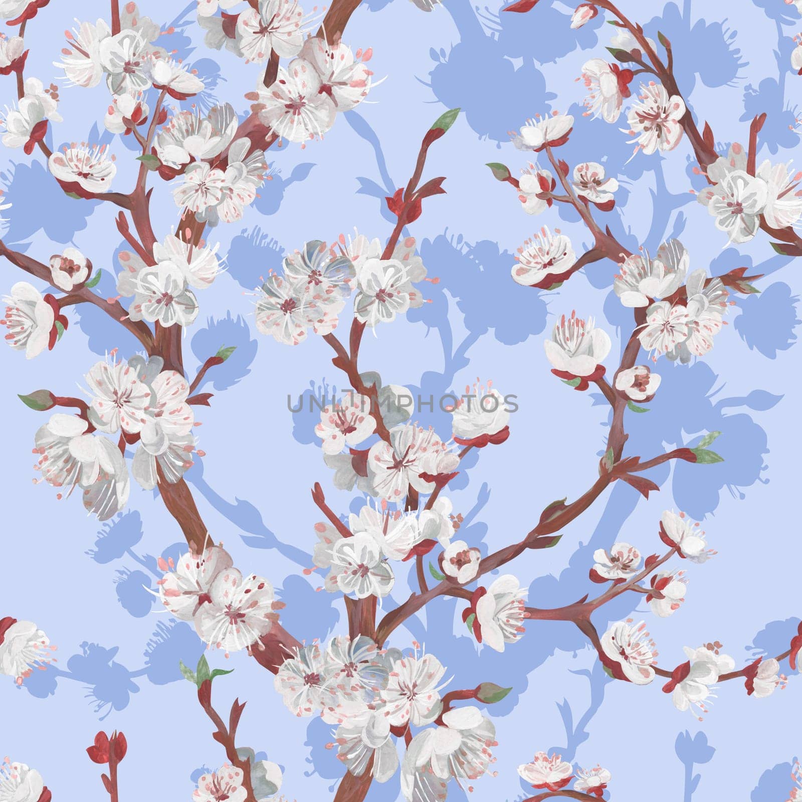Botanical seamless pattern with sakura cherry branch drawn in gouache by MarinaVoyush