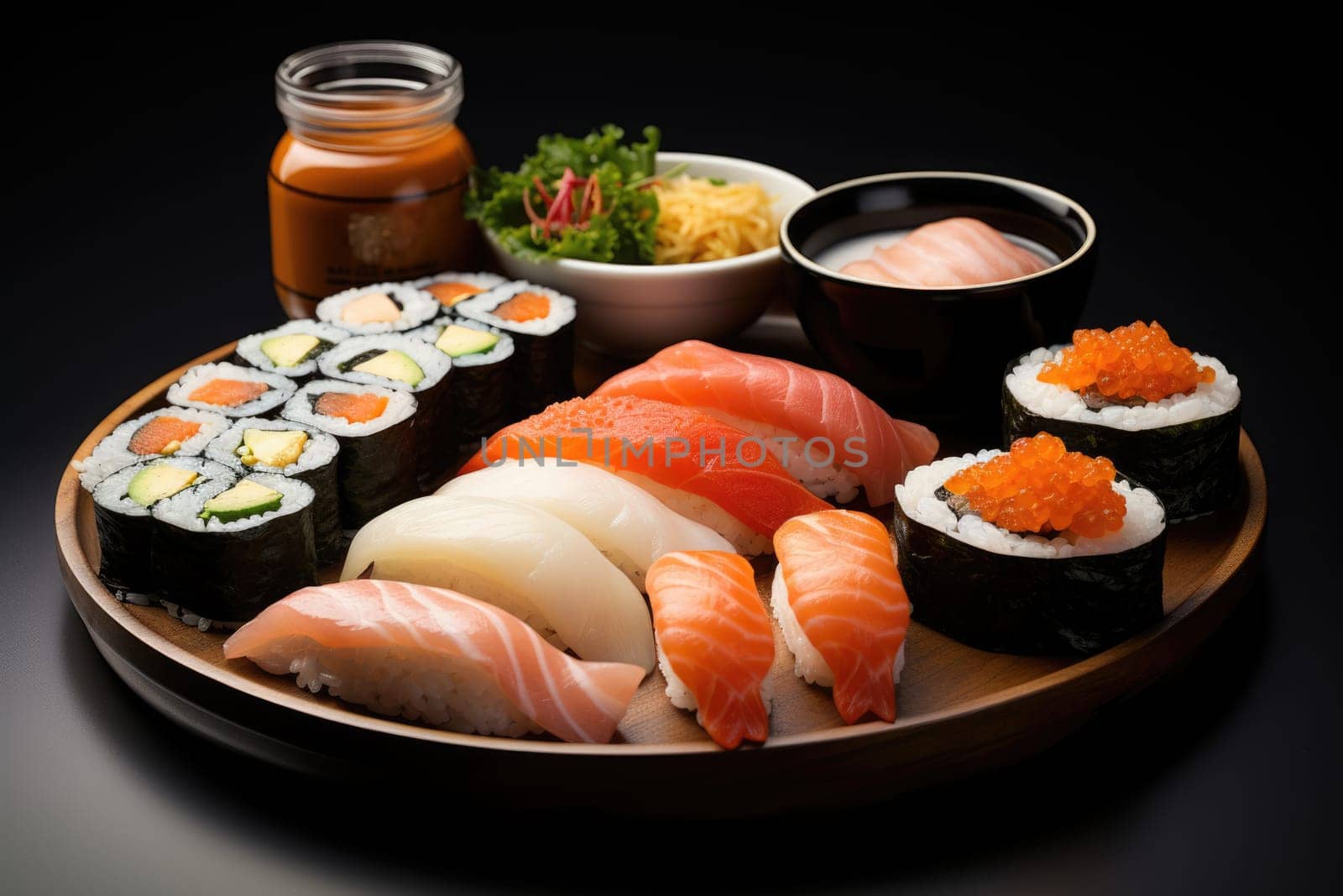platter of sushi rolls, family dinner sushi set . ai generated