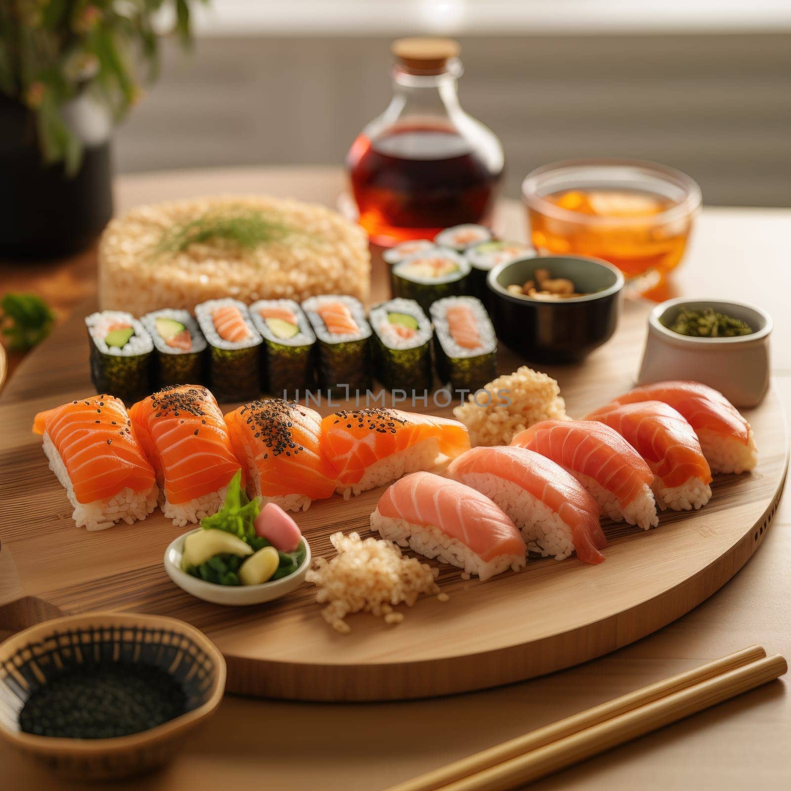 platter of sushi rolls, family dinner sushi set . ai generated