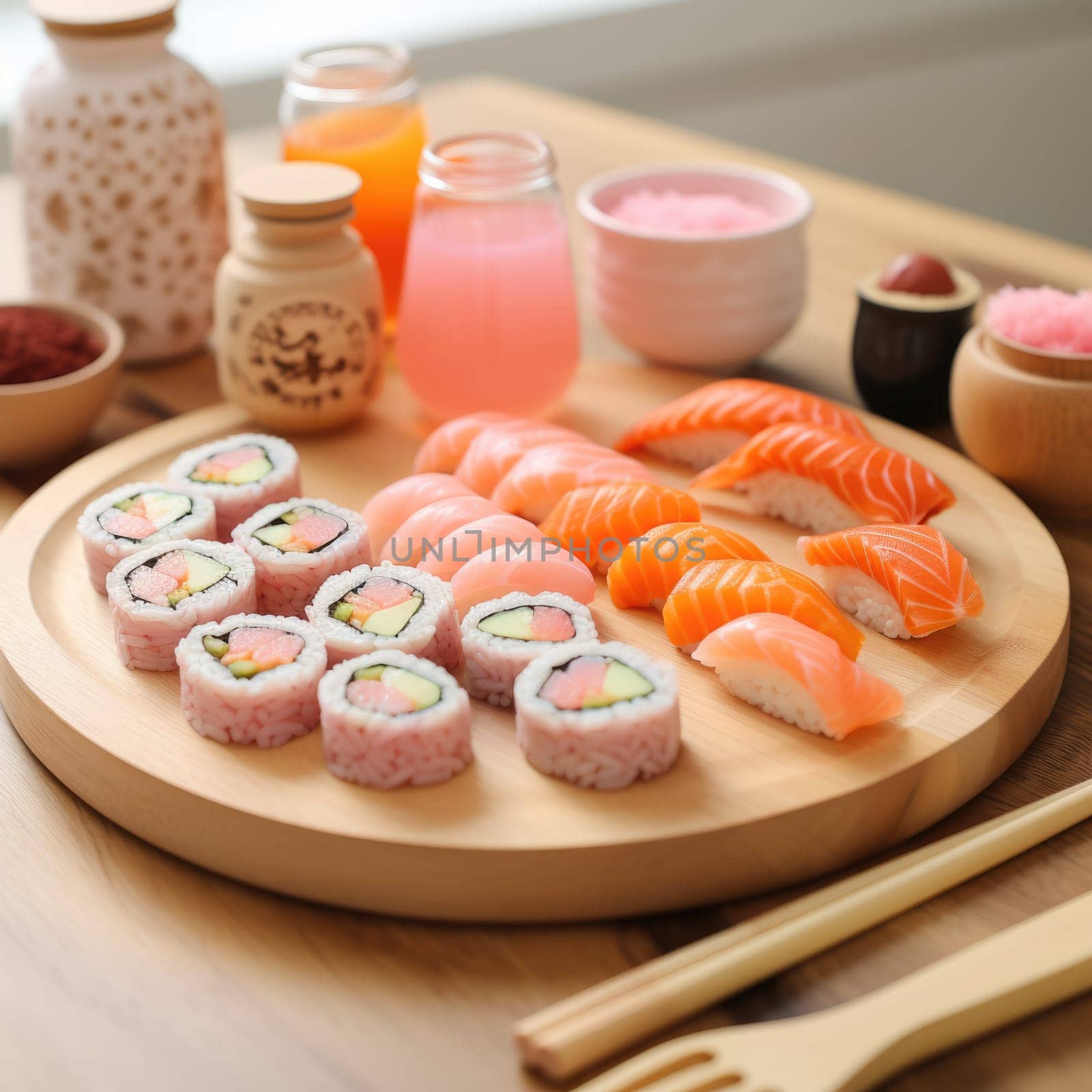 platter of sushi rolls, family dinner sushi set . ai generated
