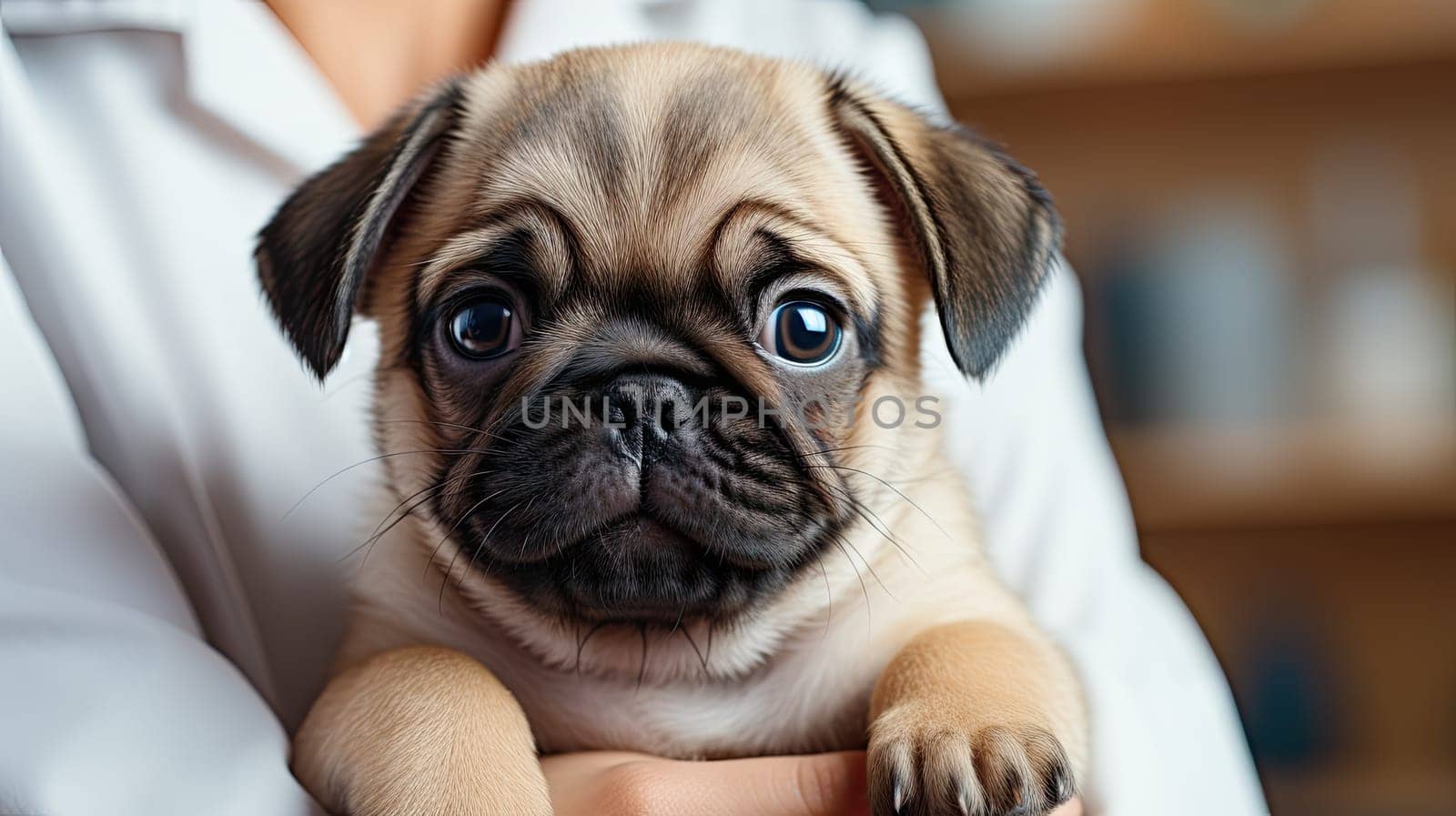 A small pug puppy in the arms of a doctor with a blue robe. The doctor's hands hold a small dog in close-up. The concept of pet treatment and care, generative AI