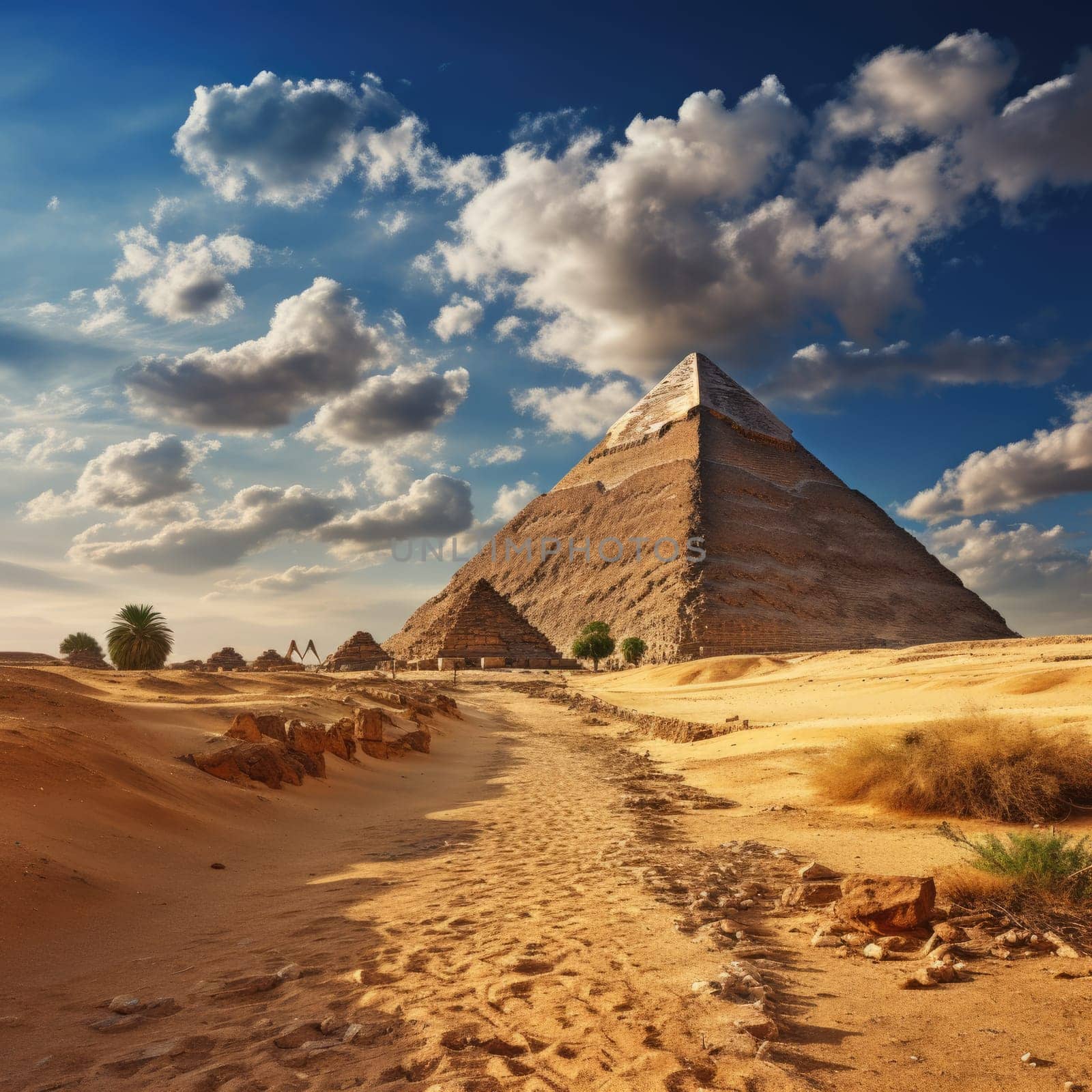Egyptian pyramids in sand desert and clear sky. ai generated