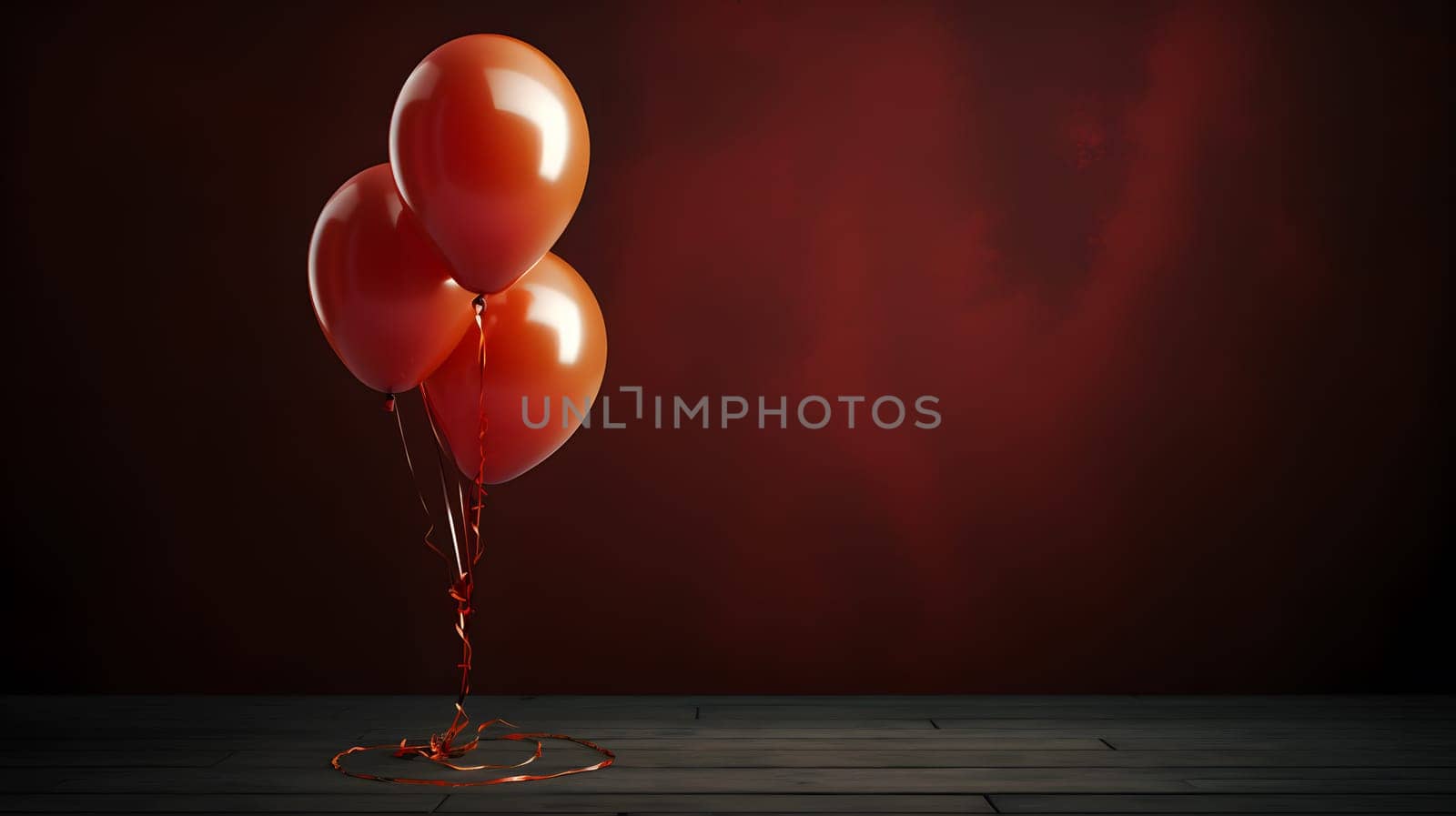 three red balloons on red background, generative ai. High quality photo