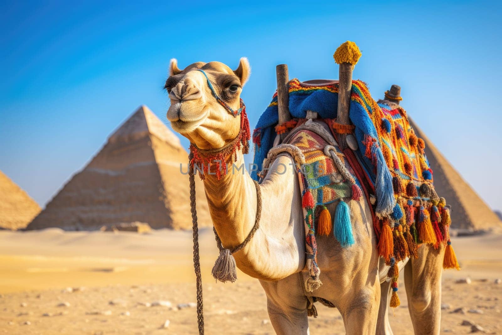 A caravan of camels rests in the desert against the backdrop of the red sea and high mountains. Egypt. ai generated