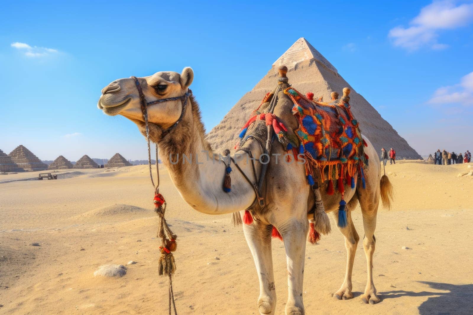 A caravan of camels rests in the desert against the backdrop of the red sea and high mountains. Egypt. ai generated