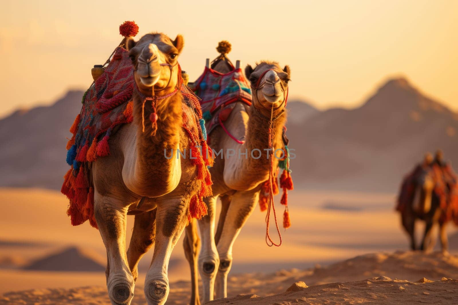 A caravan of camels rests in the desert against the backdrop of the red sea and high mountains. ai generated by Desperada