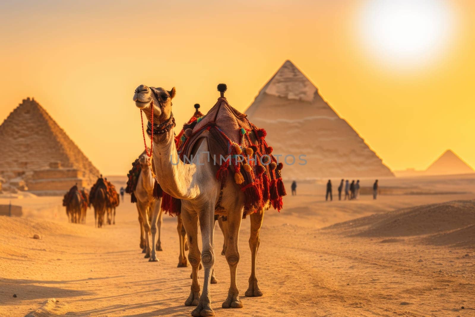 A caravan of camels rests in the desert against the backdrop of the red sea and high mountains. Egypt. ai generated