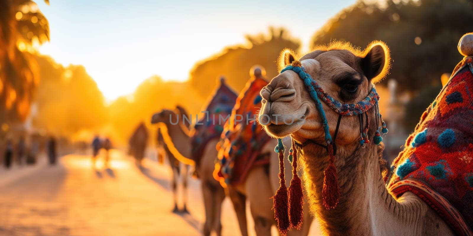 A caravan of camels rests in the desert against the backdrop of the red sea and high mountains. ai generated by Desperada