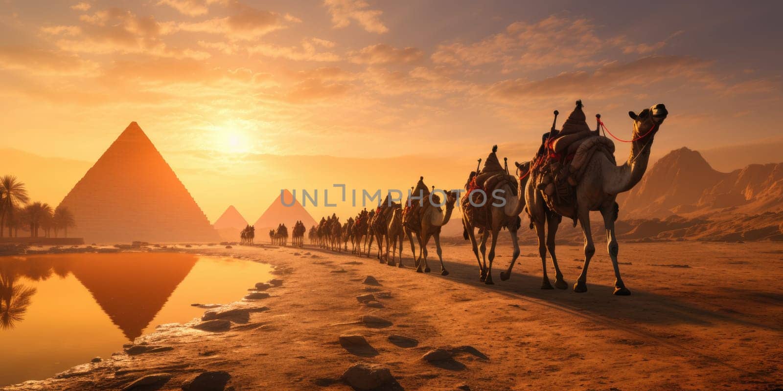 A caravan of camels rests in the desert against the backdrop of the red sea and high mountains. ai generated by Desperada