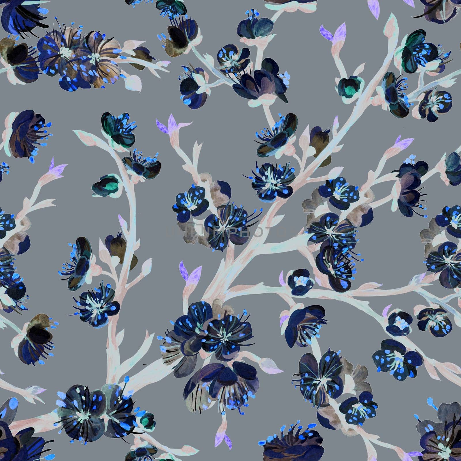 Botanical abstract pattern with silhouettes of sakura on a delicate background