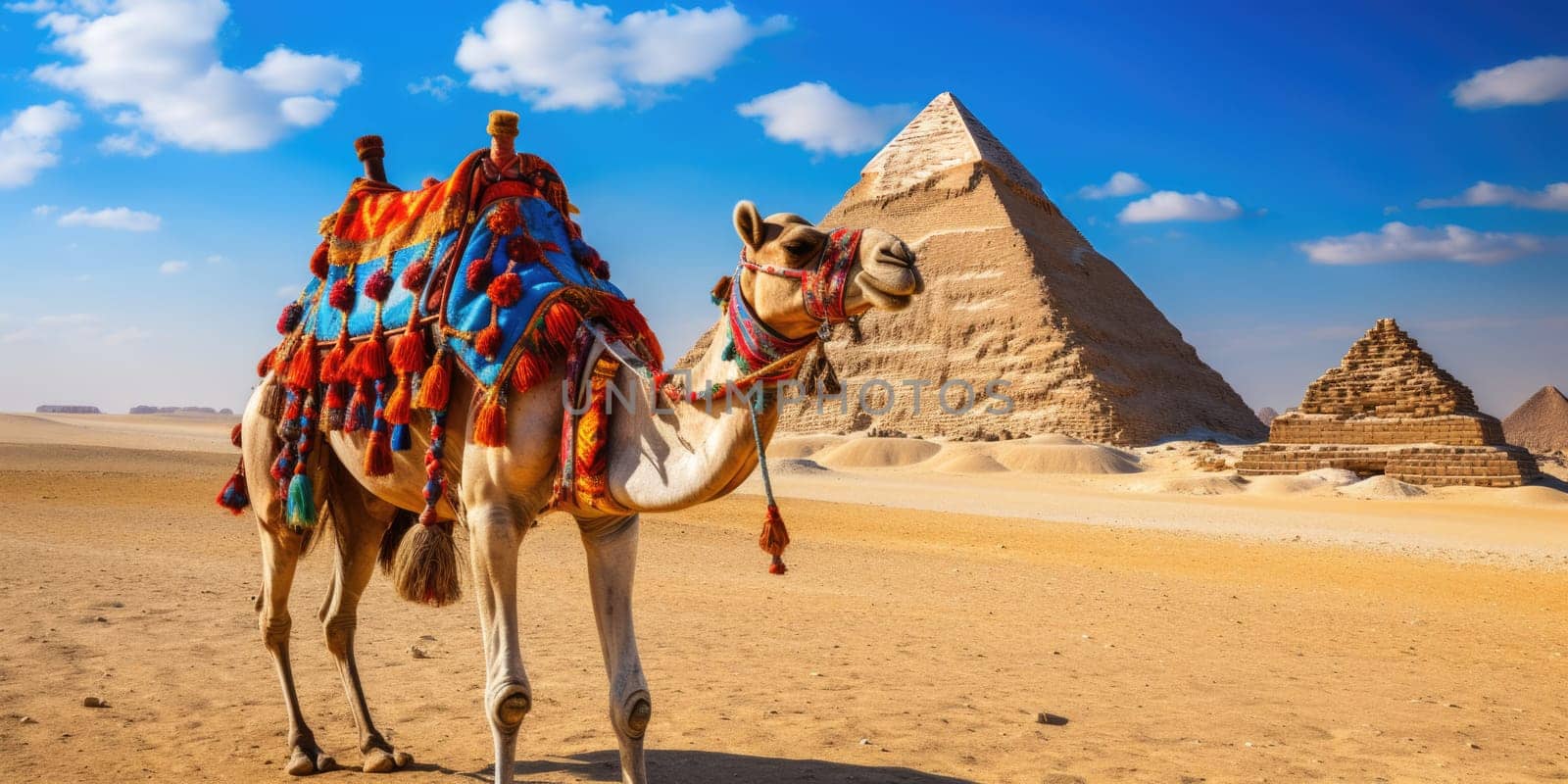 A caravan of camels rests in the desert against the backdrop of the red sea and high mountains. Egypt. ai generated