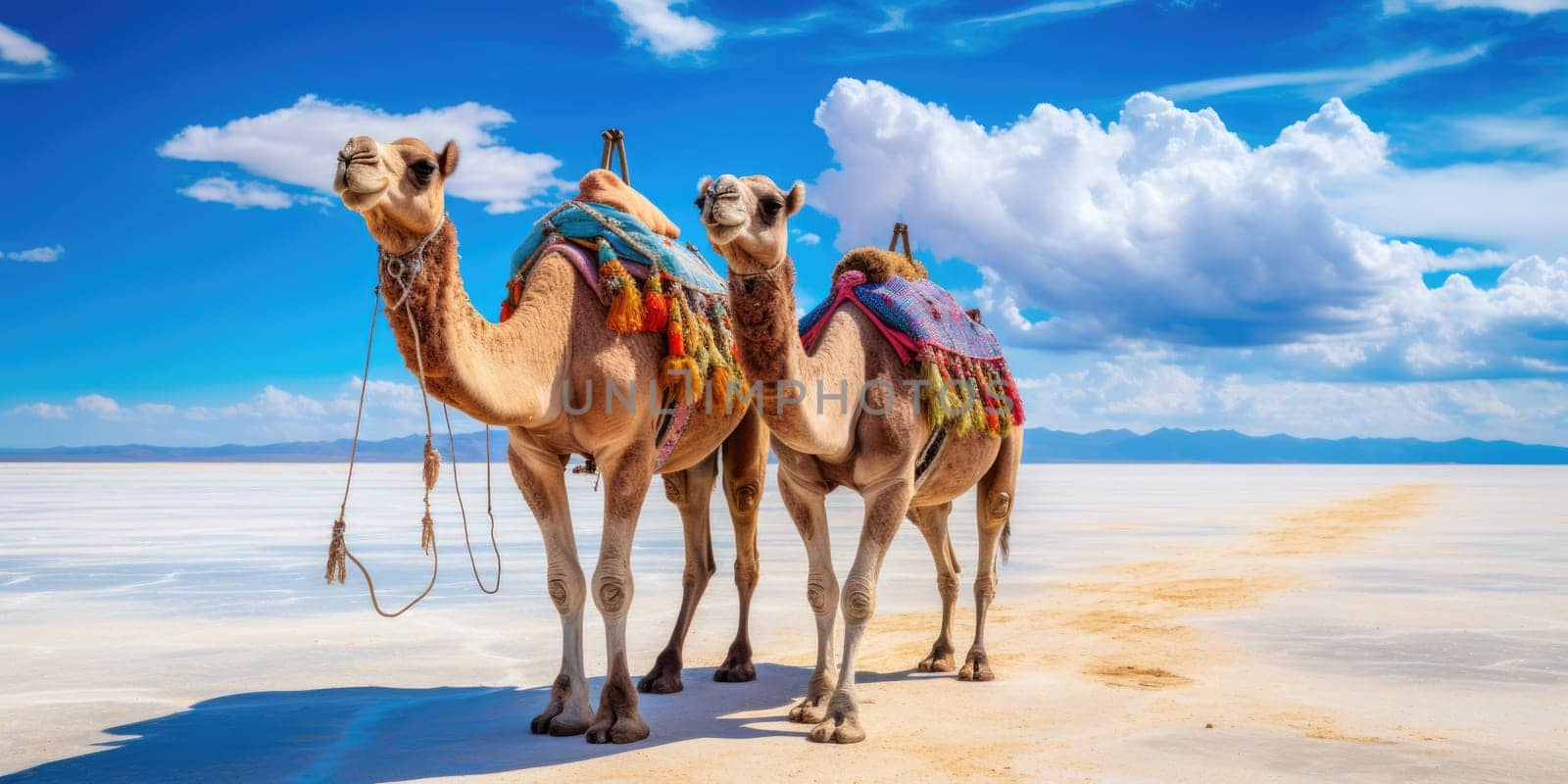 A caravan of camels rests in the desert against the backdrop of the red sea and high mountains. ai generated by Desperada