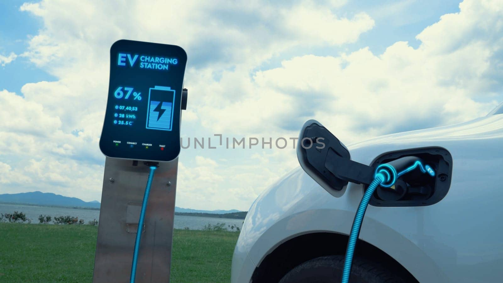 Electric car plugged in with charging station to recharge battery by EV charger cable with nature and lake background. Future innovative ev car and energy sustainability. Peruse