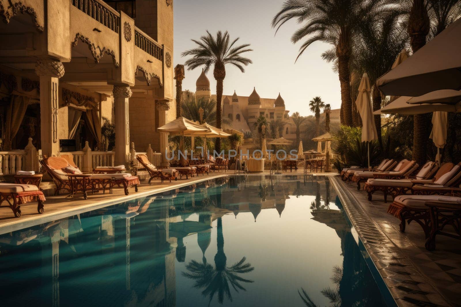 Tropical hotel with palms and pool, Egypt. ai generated