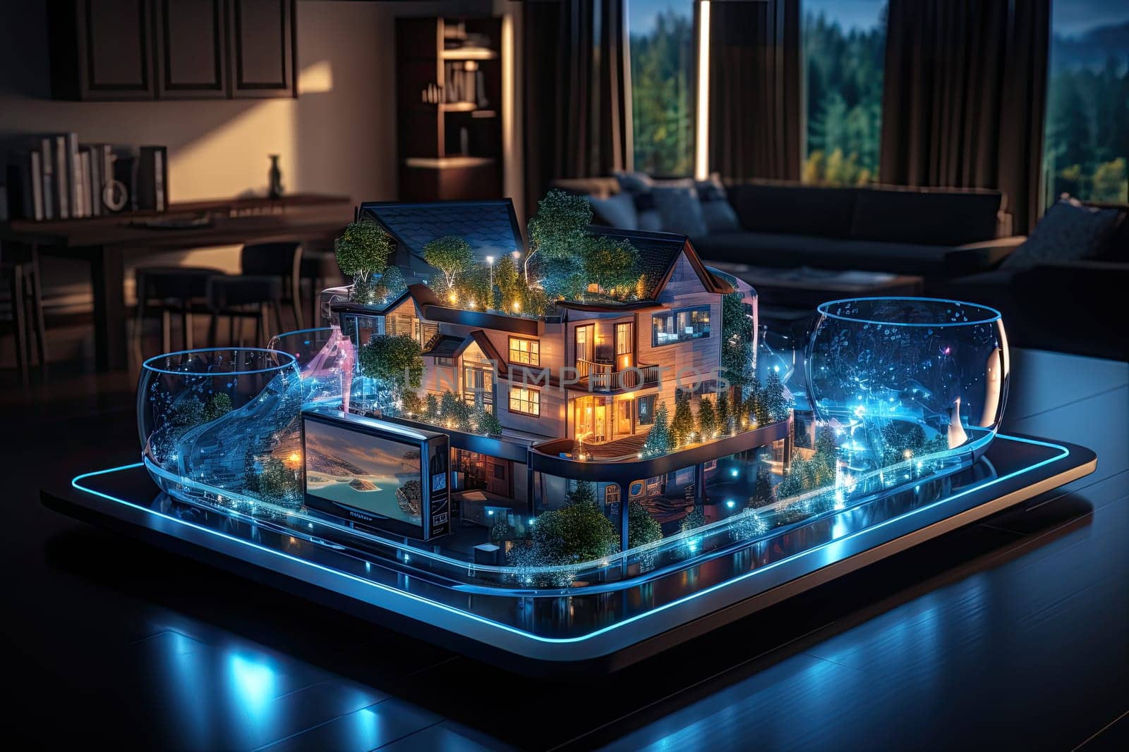 Smart home setup. A modern living space equipped with smart home devices like smart lights, tv and voice - controlled assistants. Smart home interior with augmented reality. AI generative.