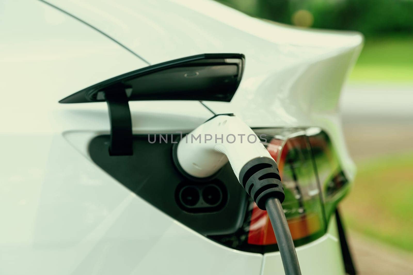 Closeup EV plug charger attached to EV car for battery recharging from electric charging station using clean and sustainable energy. Natural protection and eco friendly car travel concept. Exalt