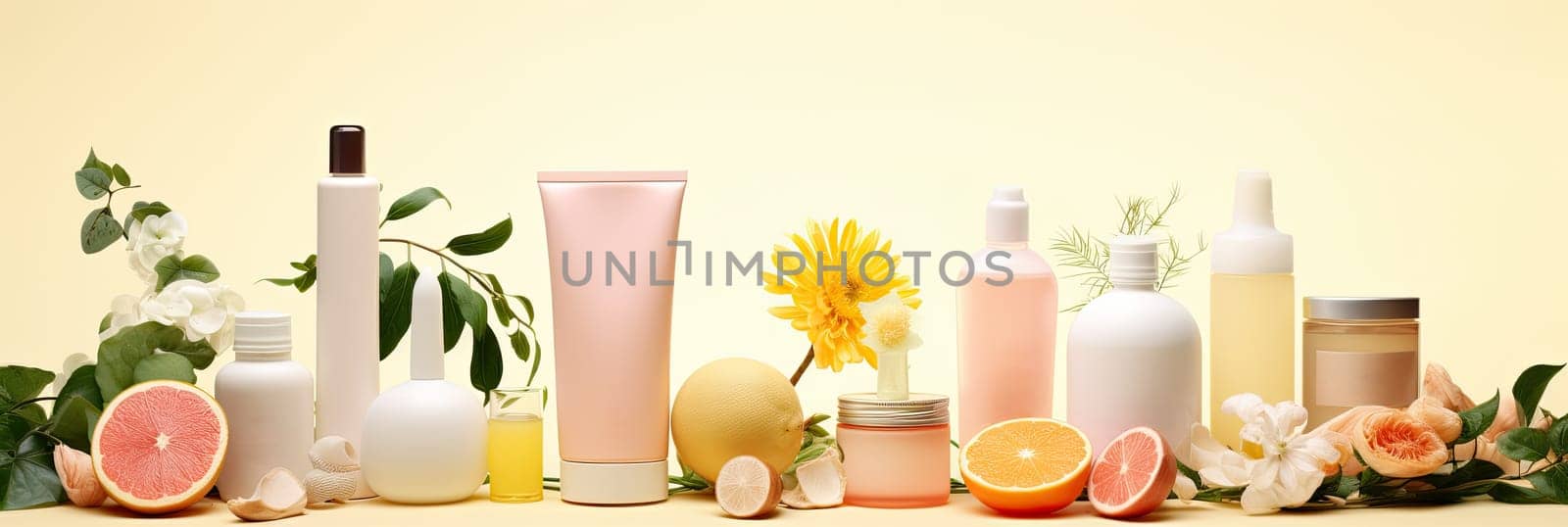 Group blank, unbranded cosmetic cream jars and tubes, Skin care product presentation Elegant mockup. Skin care, beauty spa. Jar, tube with copy space, Generative AI