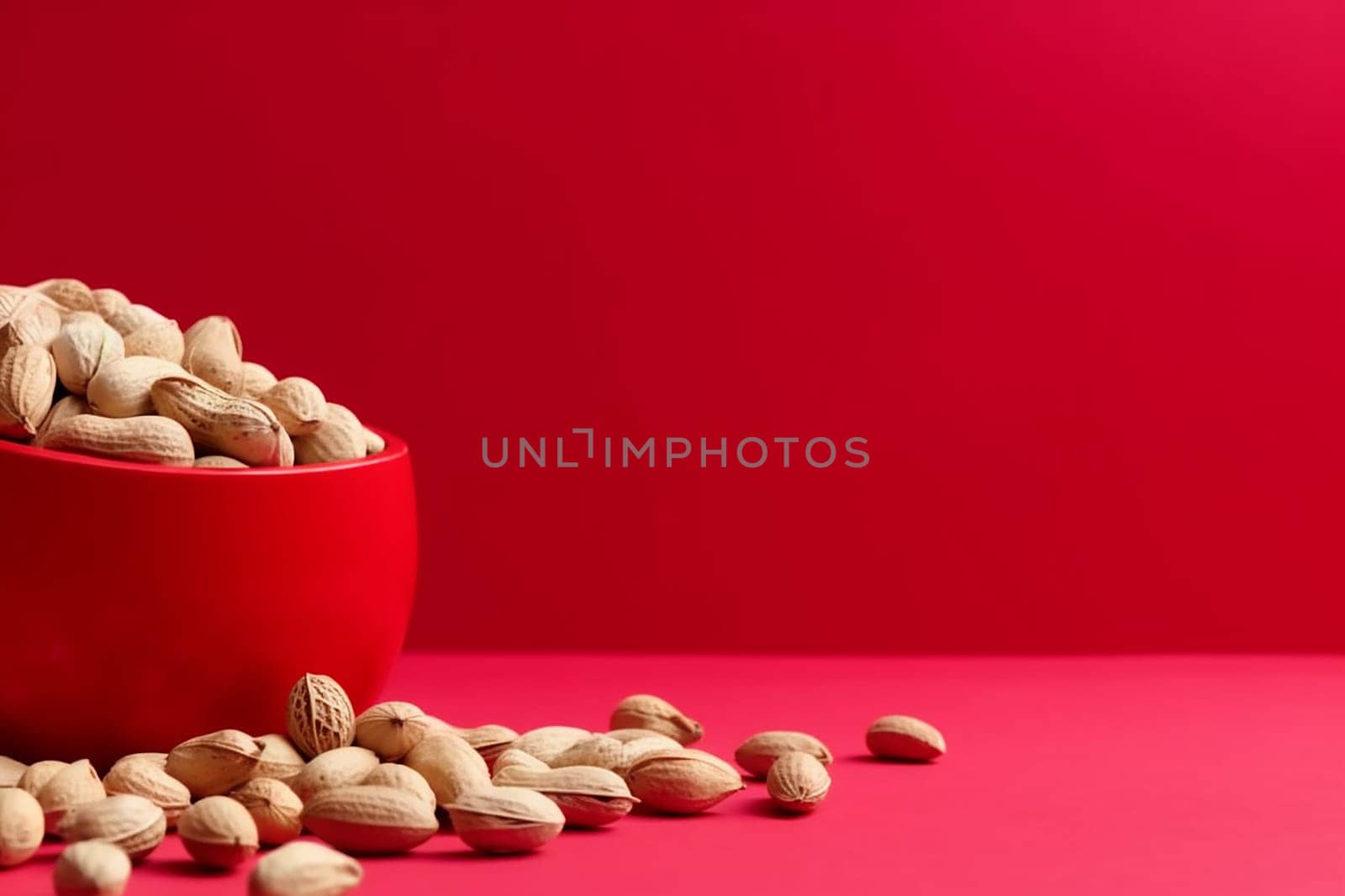 A bowl of unshelled peanuts on a vibrant red background.