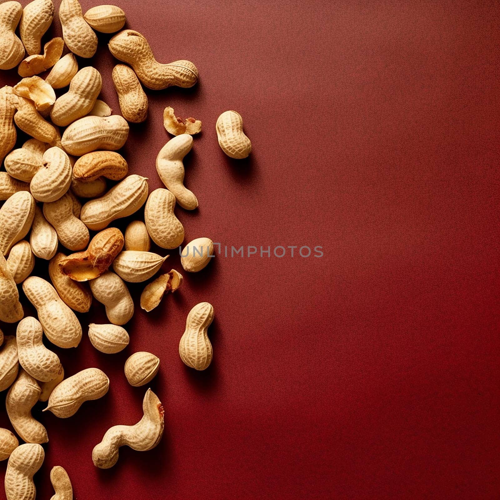 Assorted shelled peanuts on a red background.