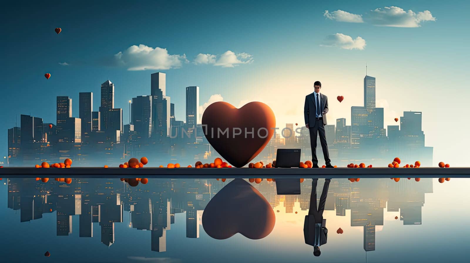 Celebrate love in style with a businessman in a suit against a background of hearts. The image creates a perfect Valentines Day concept with space for text.