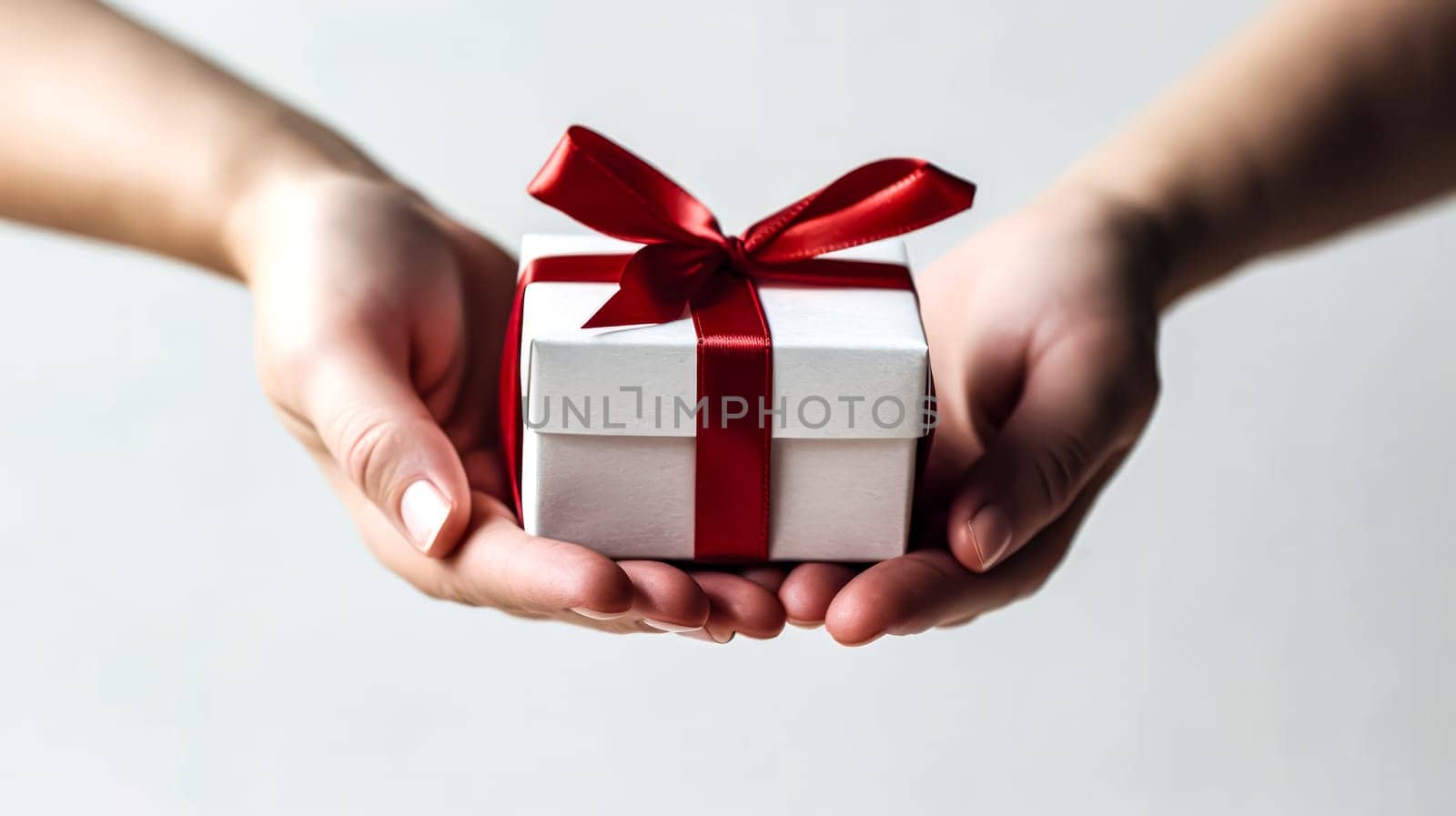 Express love with a tender touch as a girl holds a cute gift box in her hands on a light background, creating a heartfelt Valentines Day concept.