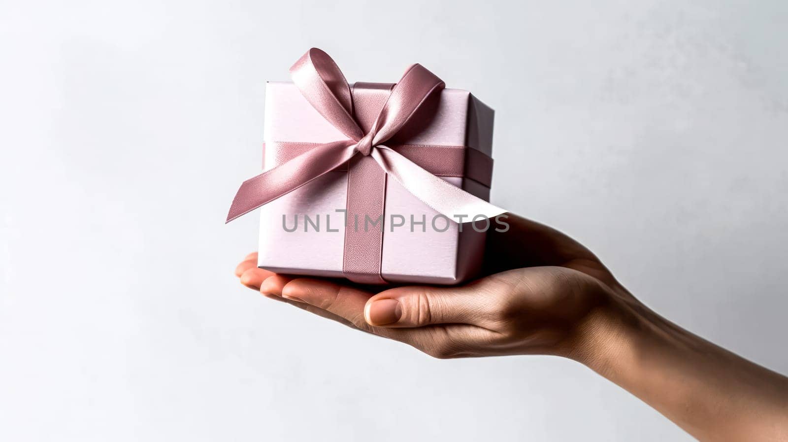 Express love with a tender touch as a girl holds a cute gift box in her hands on a light background, creating a heartfelt Valentines Day concept.