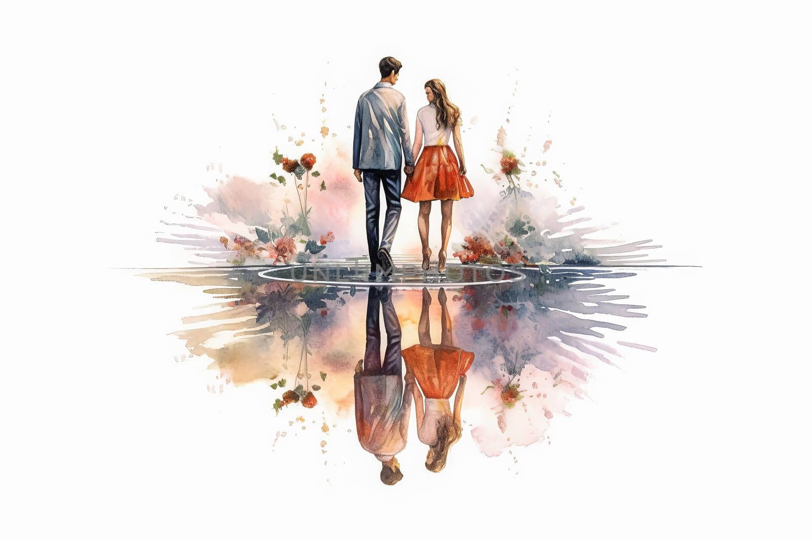 Experience the magic of love as a watercolor illustration depicts a couple strolling outdoors after the rain. A romantic date captured in a picturesque setting.