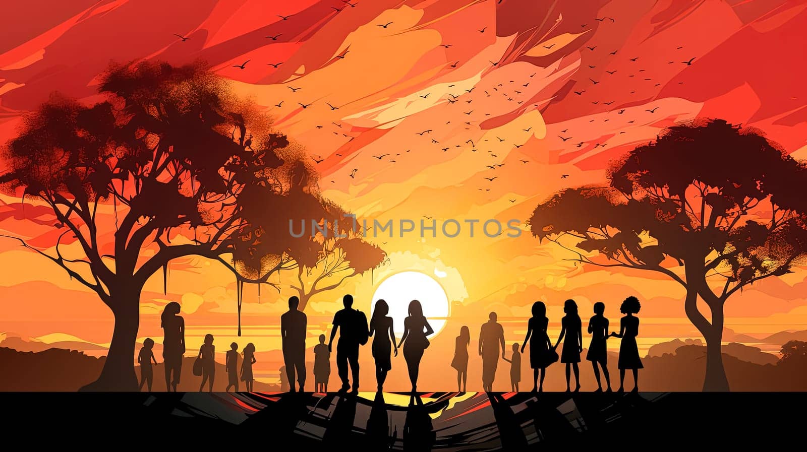 Celebrate love with a Valentines Day illustration featuring silhouettes of people and heart symbols, capturing the essence of romance and affection.