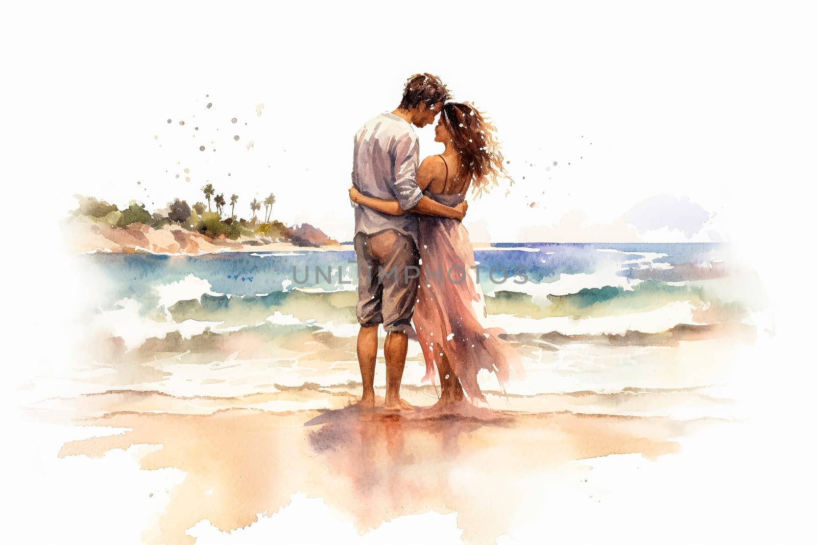 Escape to a dreamy beach setting with a watercolor illustration portraying a couple in love against the backdrop of the ocean. A romantic and serene date.