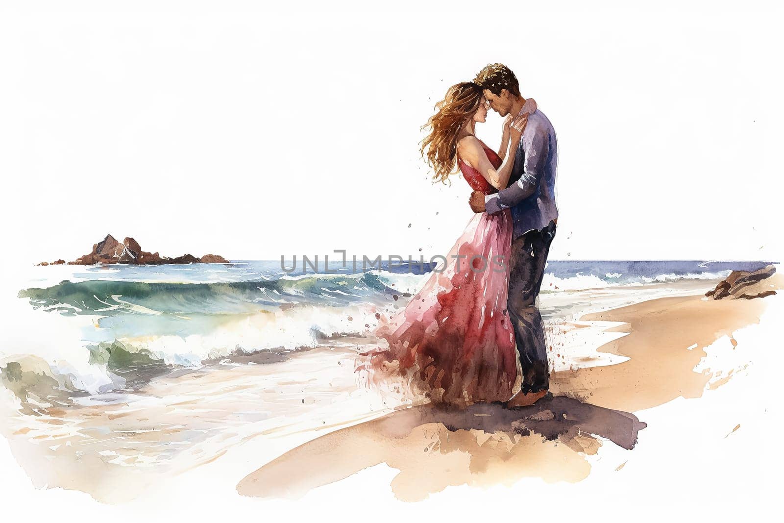 Escape to a dreamy beach setting with a watercolor illustration portraying a couple in love against the backdrop of the ocean. A romantic and serene date.